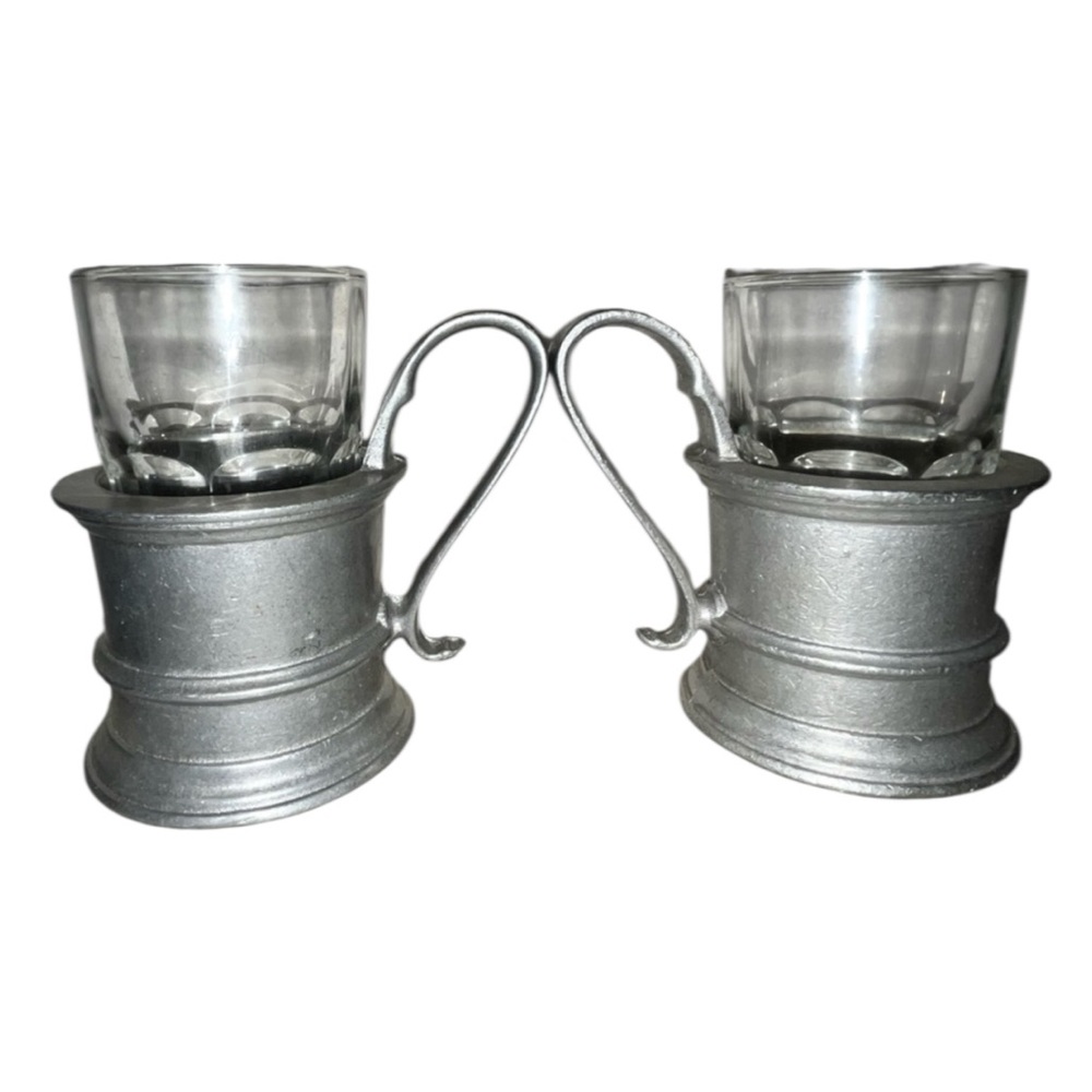 Set Of Two Wilton Armetale Vintage Pewter Tavern Glass Holder w/ Insert